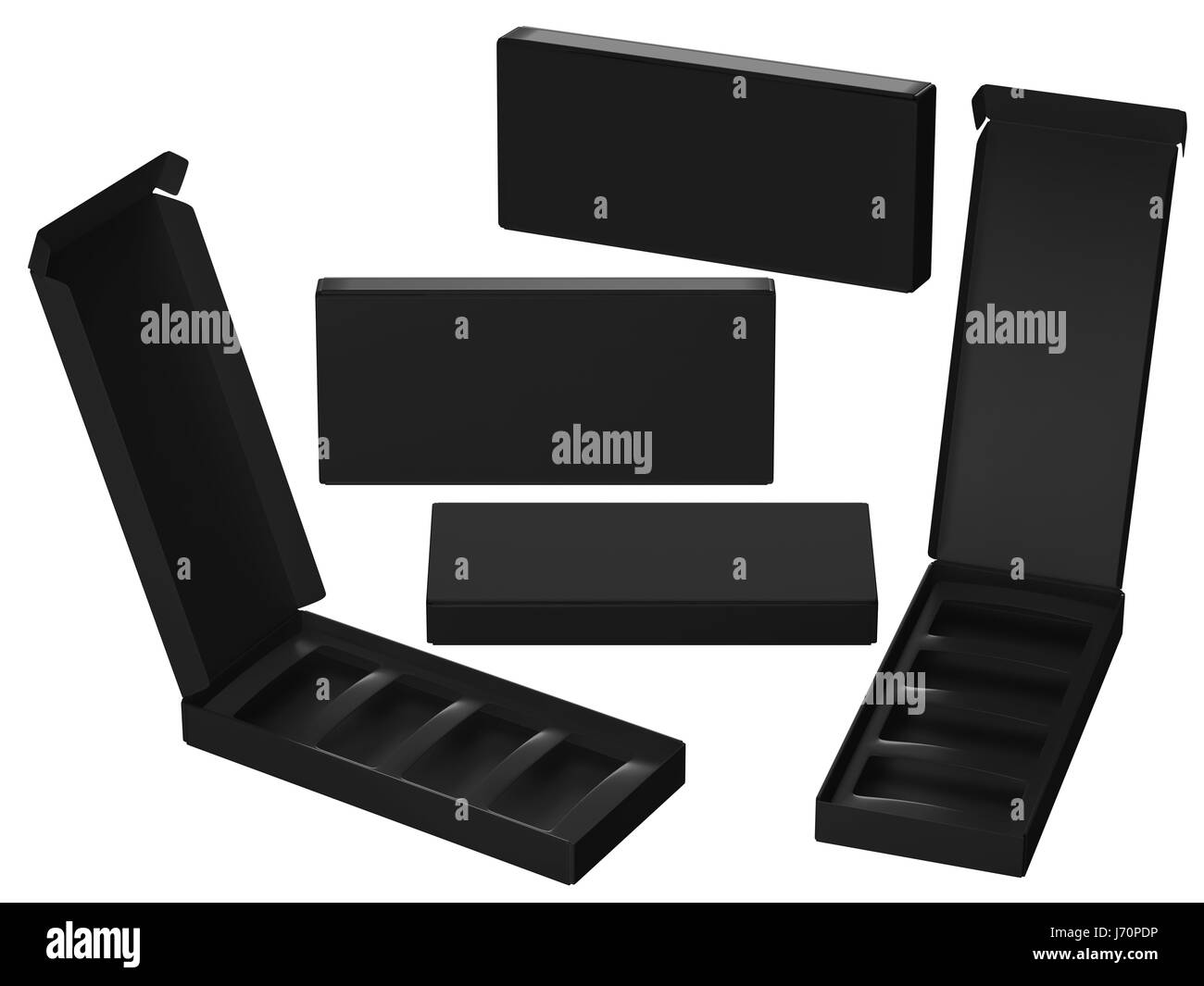 Black paper carton box with divider, clipping path included. Template package for variety product like food, gift, cosmetic or health care . ready for Stock Photo