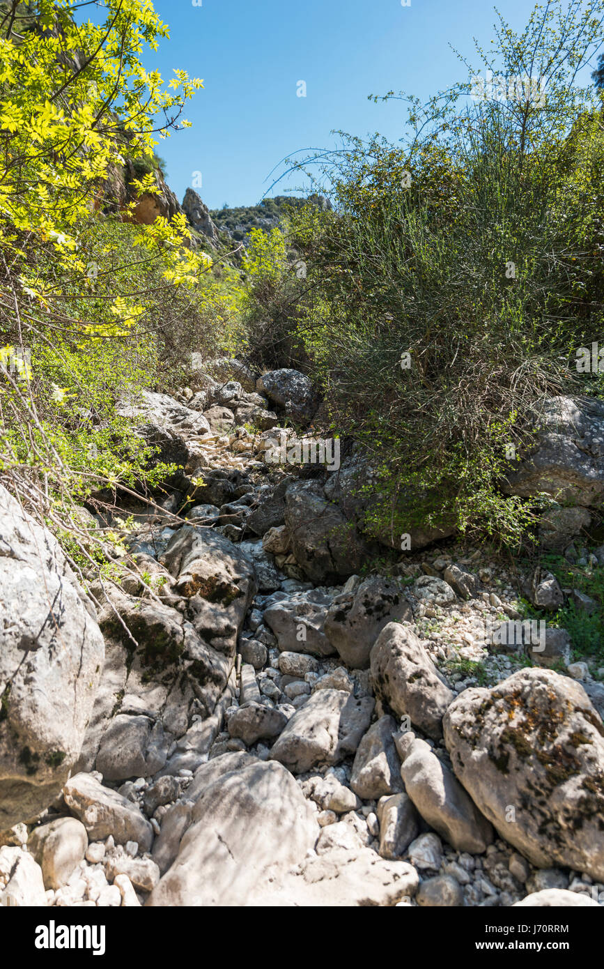 Dry riverbed with pebbles and rocks in analusia near zuheros Stock Photo