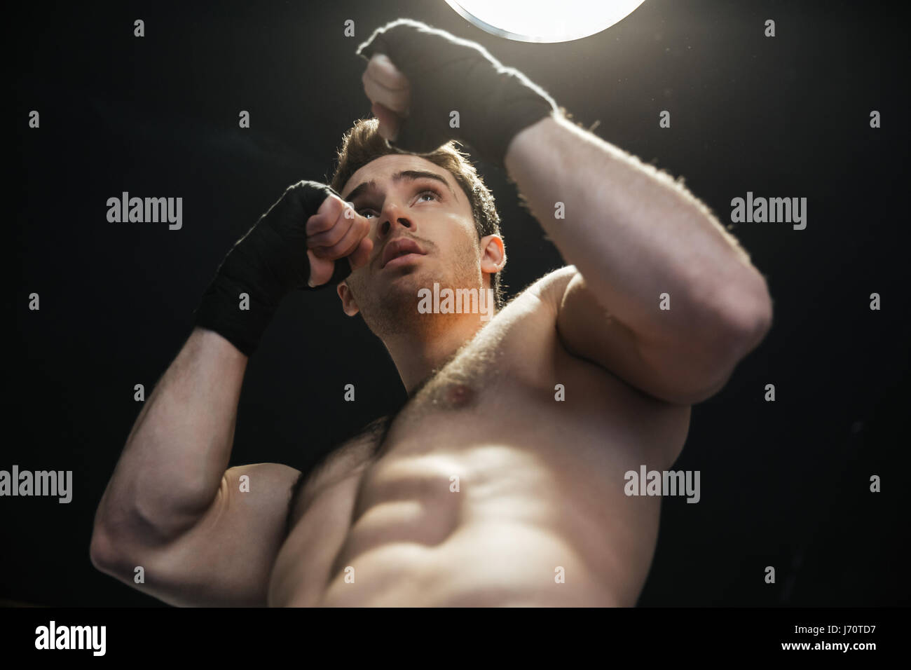 Low view of sportsman wearing gloves and boxing in the gym Stock Photo ...