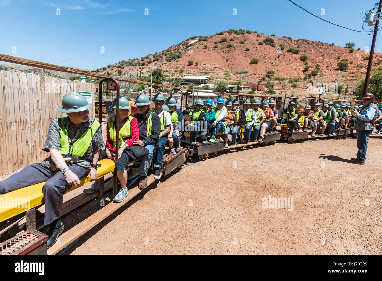 Queen Mine Tour in Bisbee, Arizona, USA. Tour on mine train deep into what was once one of the most productive copper mines of the 20th Century. Here, Stock Photo