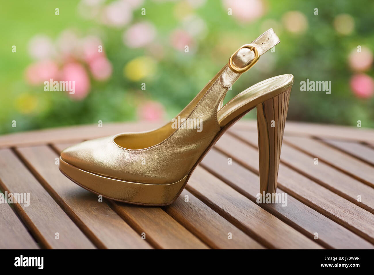 garden outside heel gardens pumps gold day shoe woman macro closeup