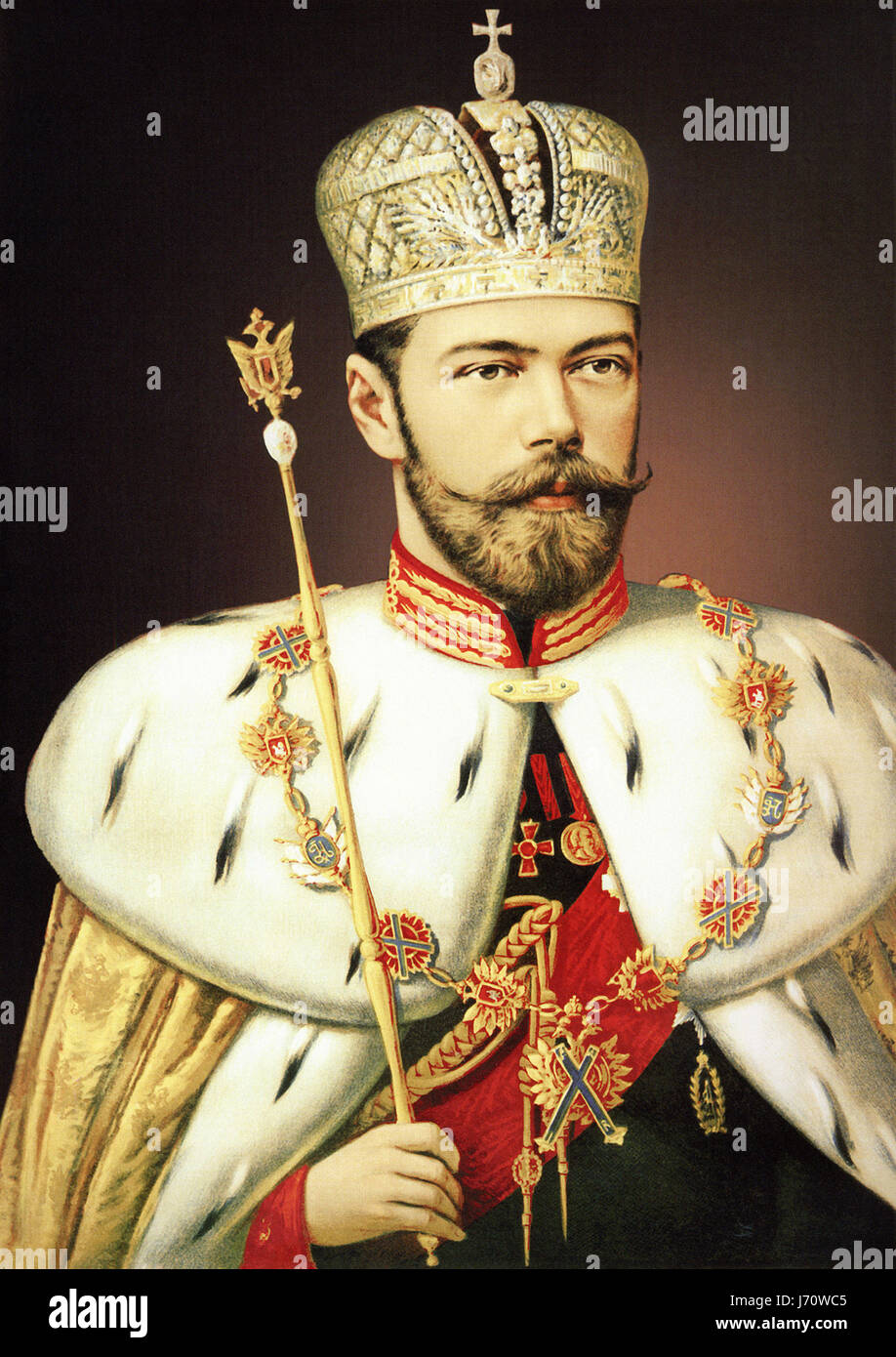 Portrait of Nicholas II of Russia in his coronation robe with Imperial Crown and Sceptre Stock Photo