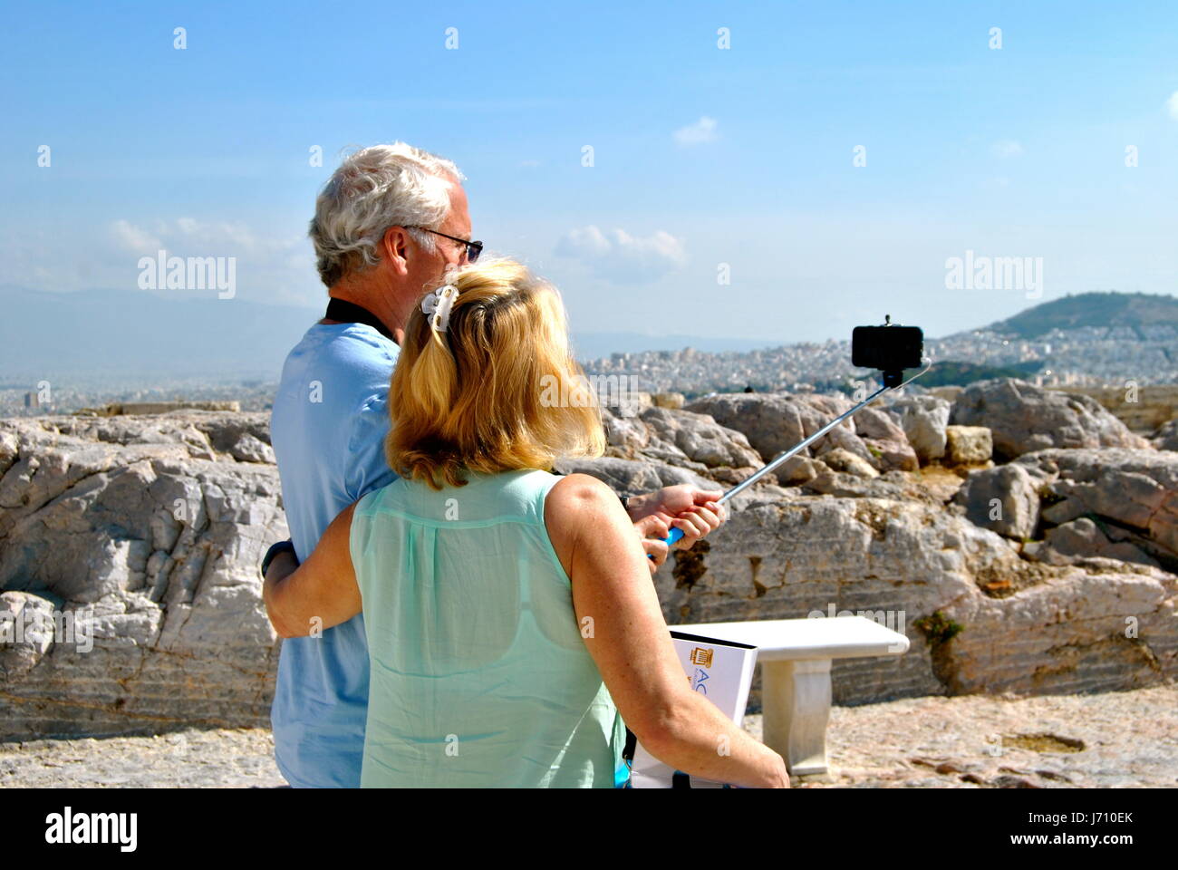 People with Selfie Sticks, Acropolis, Athens, Greece Stock Photo