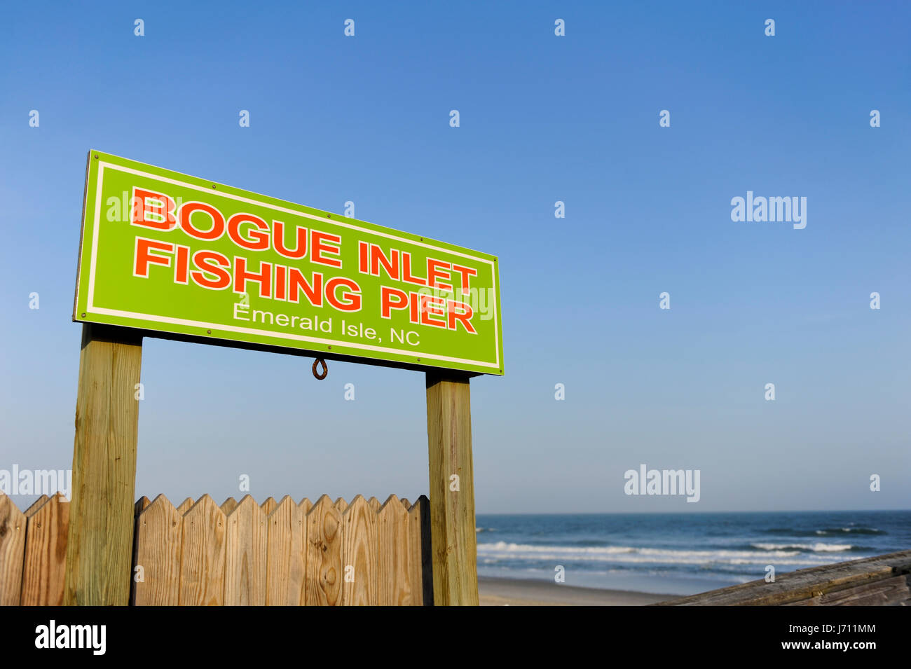 Bogue Inlet Fishing Pier Sign at Emerald Island North Carolina Stock Photo