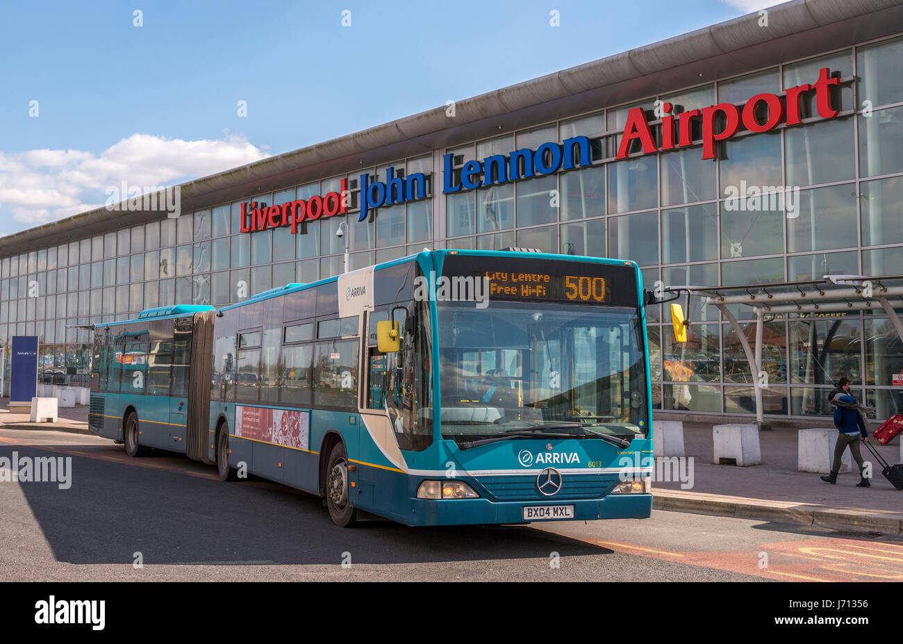Liverpool John Lennon airport with bendybus. Stock Photo