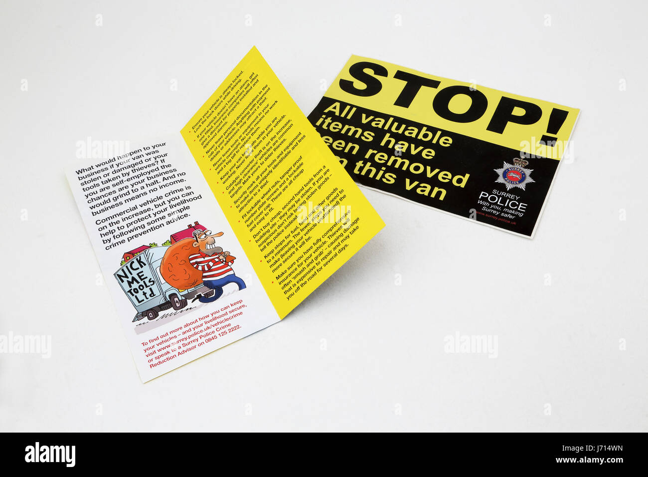 Police leaflet warning about commercial vehicle crime and crime prevention sticker Stock Photo