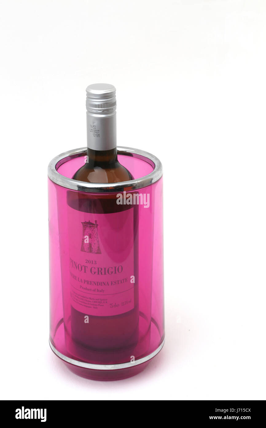 Bottle of Pinot Grigio in pink wine cooler Stock Photo