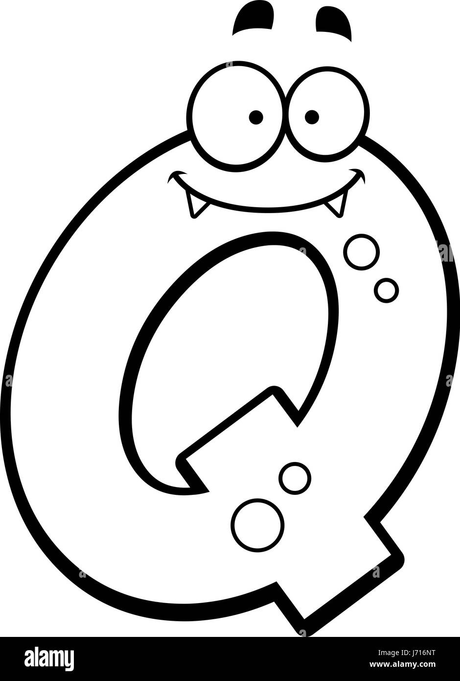 A cartoon illustration of a letter Q monster smiling and happy Stock