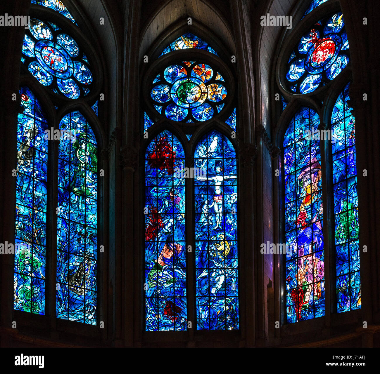 Marc Chagall windows in the Cathedral of Notre Dame de Reims, Reims, France Stock Photo