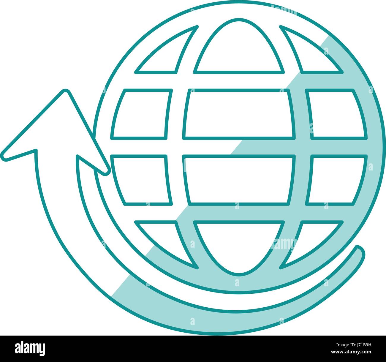 blue shading silhouette of globe earth with parallels and meridians and arrow bottom Stock Vector