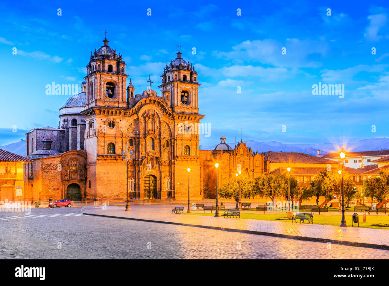 Cusco, Peru the historic capital of the Inca Empire. Plaza de Armas at twilight. Stock Photo