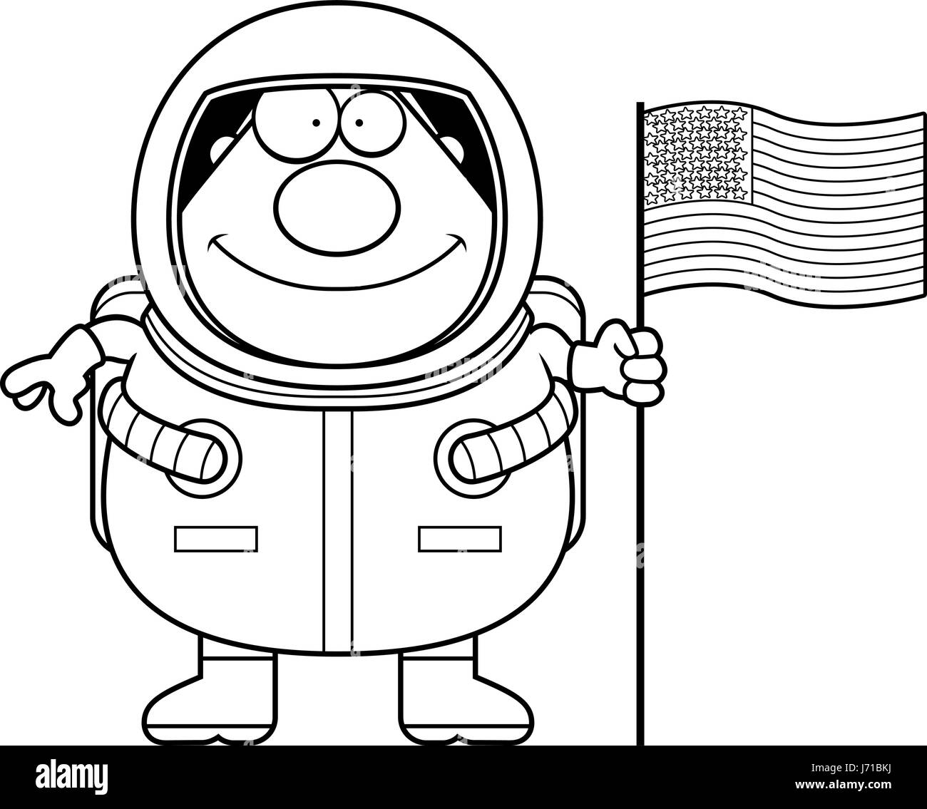A cartoon illustration of a astronaut with an American flag. Stock Vector