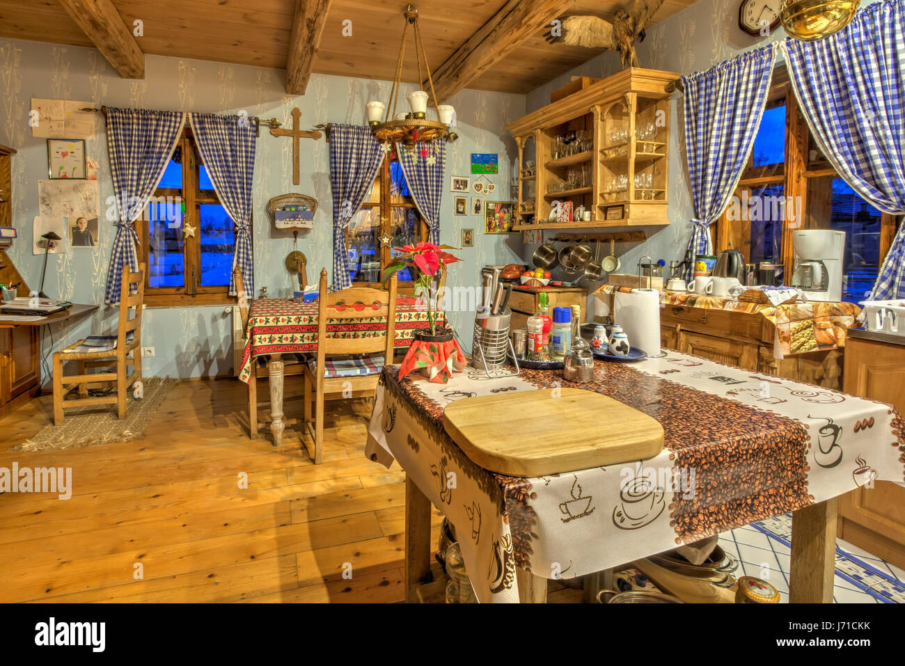 Medrzechow, Poland - January  06, 2017: Colourful room in the log house Stock Photo