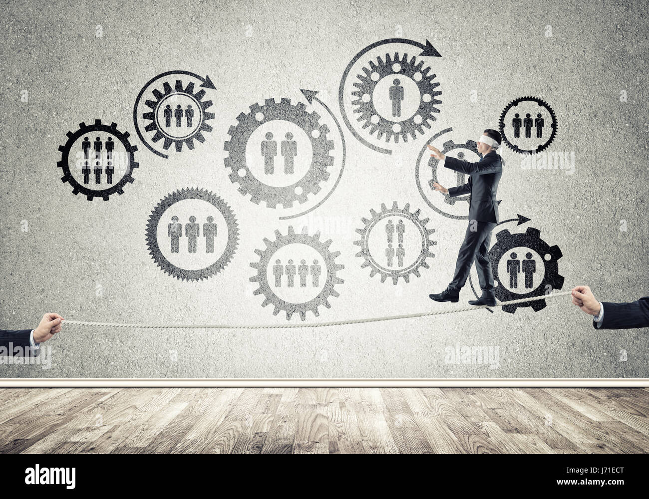 Business concept of risk support and assistance with man balancing on ...