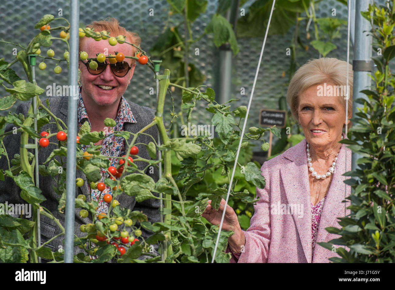London, UK. 22nd May, 2017. Chris Evans and Mary Berry in his Taste Garden - The Chelsea Flower Show organised by the Royal Horticultural Society with M&G as its main sponsor for the final year. Credit: Guy Bell/Alamy Live News Stock Photo