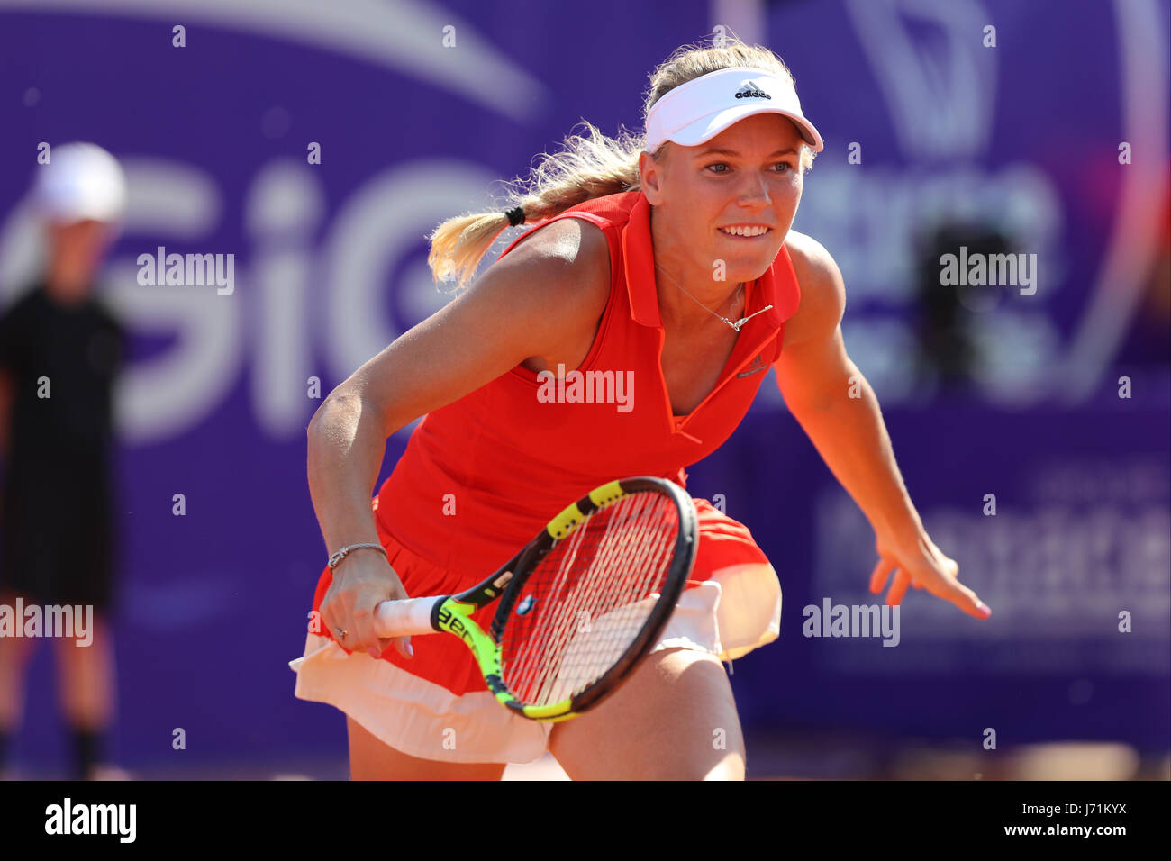 Strasbourg, France. 22nd May, 2017. Danish tennis player Caroline Wozniacki  is in action during her match in the 1st round of the WTA tennis  Internationaux of Strasbourg vs American player Shelby Rogers