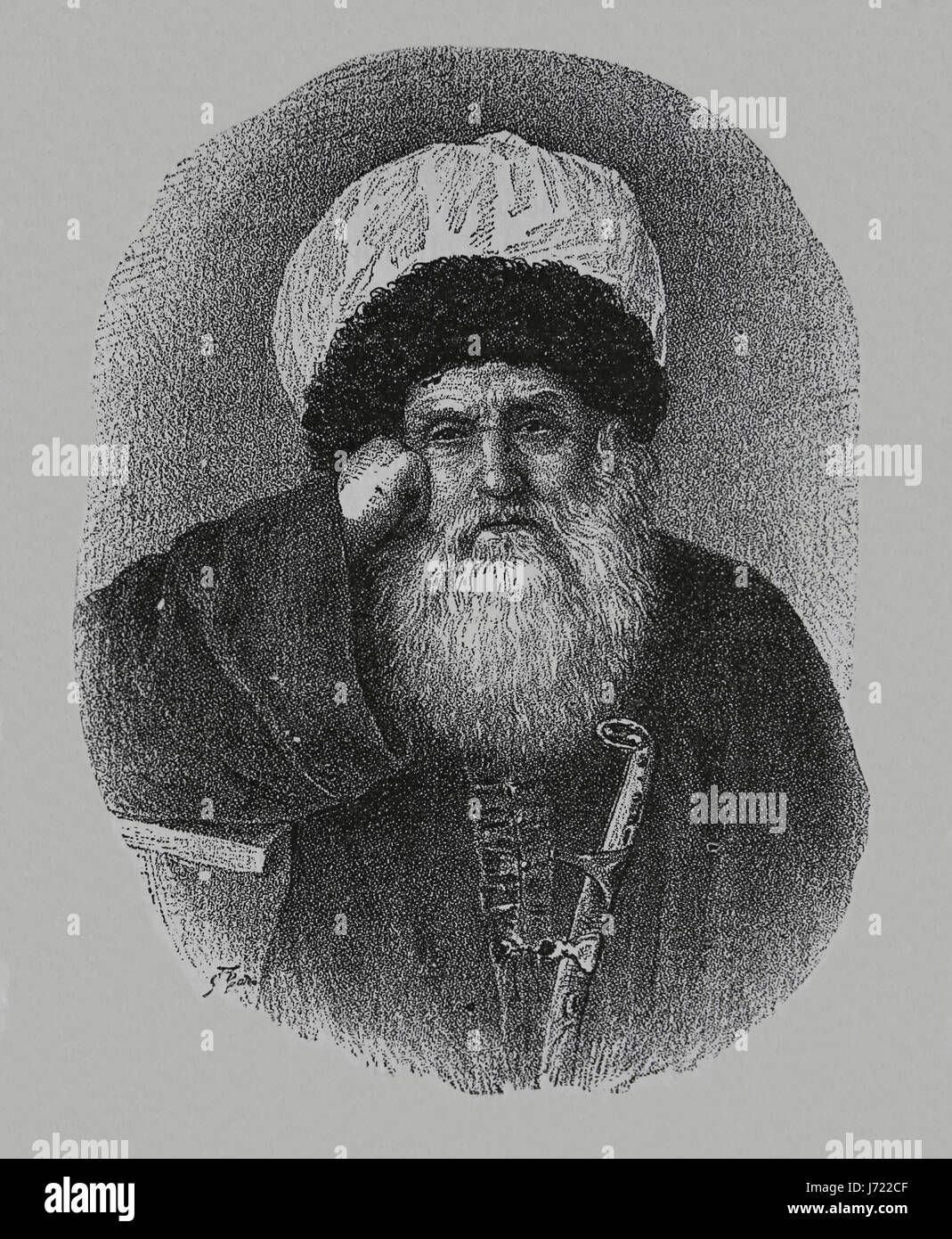 Iman Shamil (1797-1871). Leader anti-Russian reistance in Caucasian War. 3rd Imam of Caucasian Imamate. Engraving. Our Century, 1883. Spanish Edition. Stock Photo