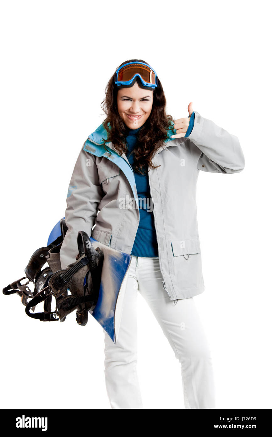woman sport sports winter adventure jacket snowboard girl girls humans human Stock Photo