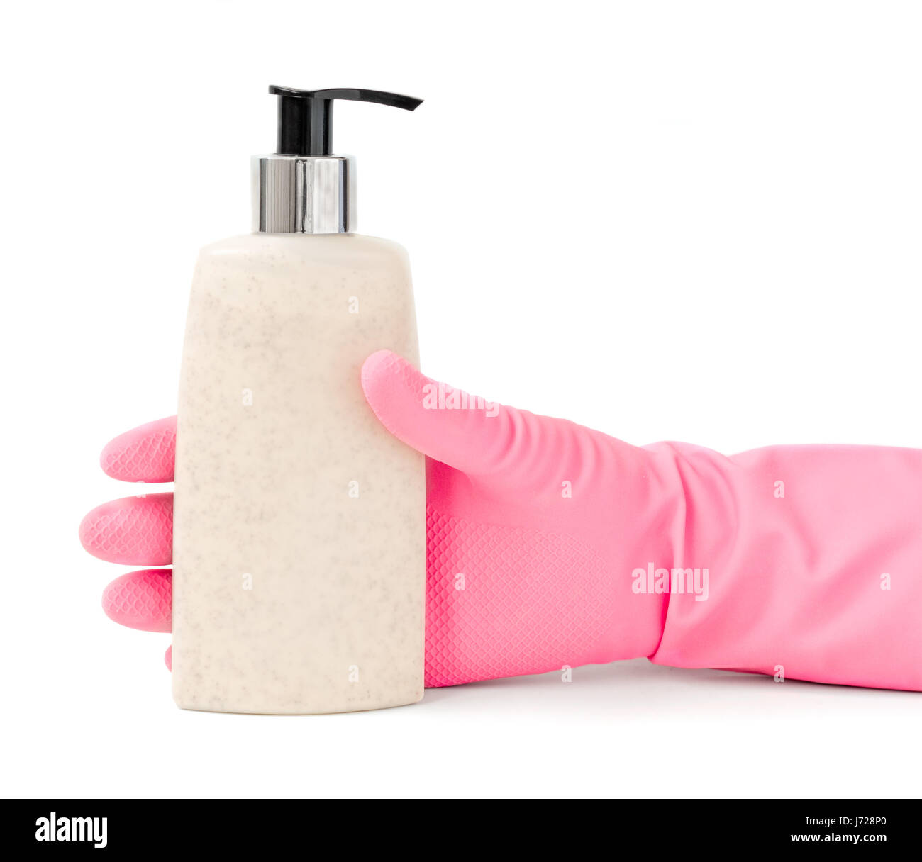 Hand in pink rubber housework glove gripping a pump bottle of cosmetic