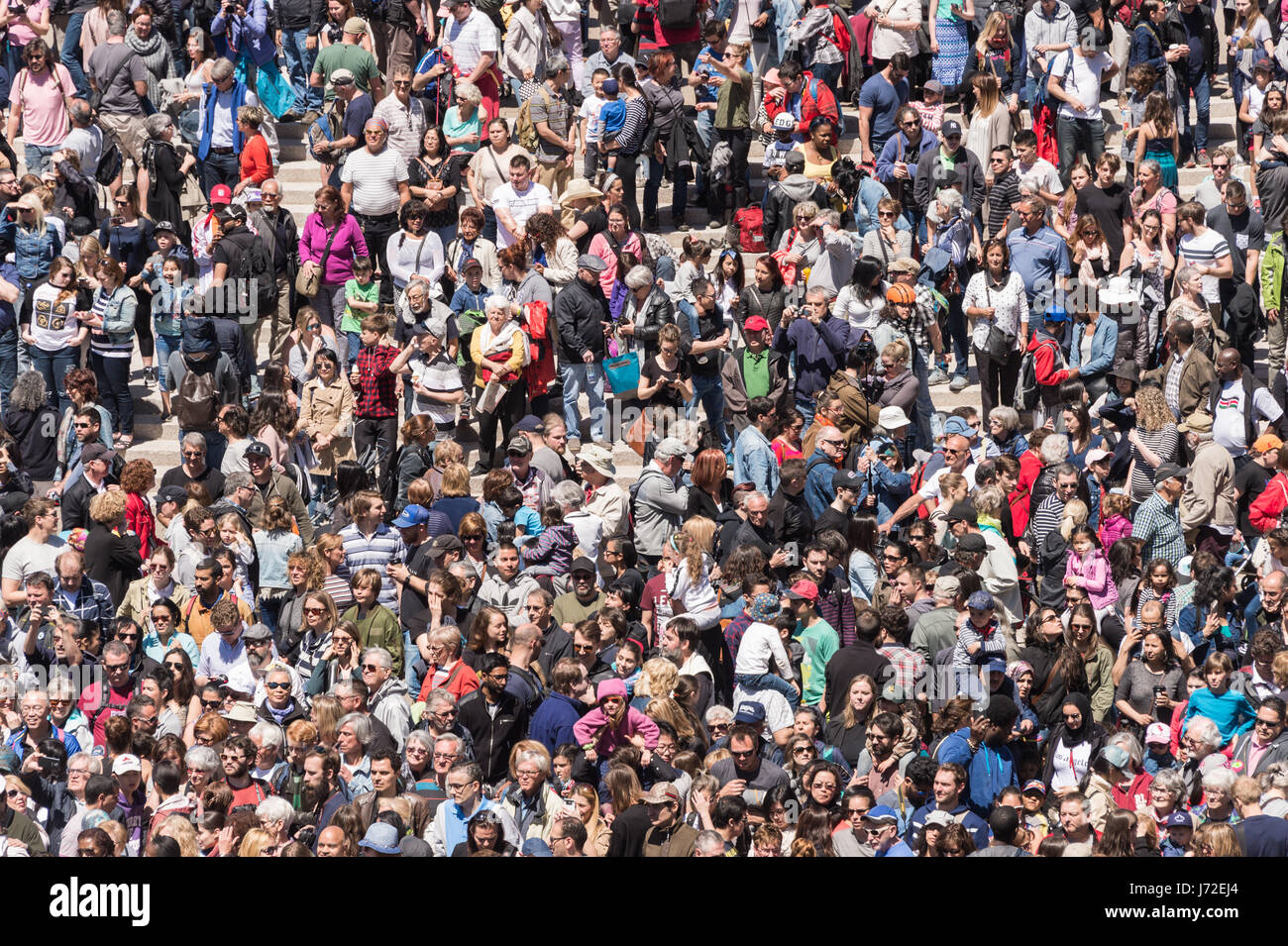 Montreal, CA - 20 May 2017: Crowd on Place des Arts during street performance Stock Photo