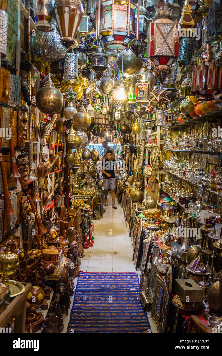 Lamps and metal decorative items in the market, Morocco Stock Photo