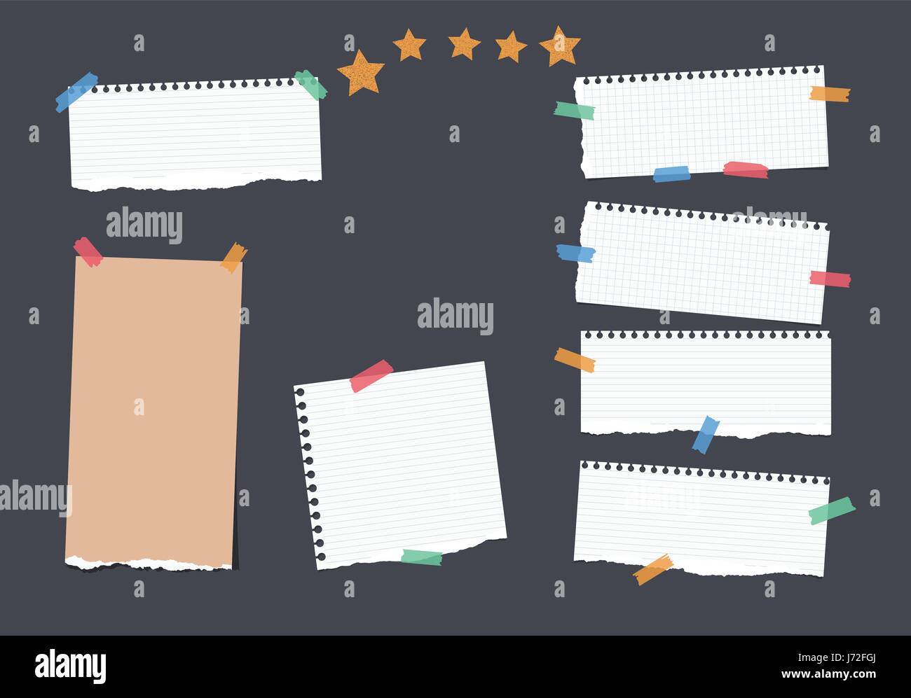 Ripped white, brown note, notebook, copybook, ruled paper strips stuck ...