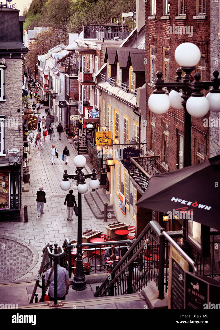 License available at MaximImages.com - Shops and restaurants on a historic street Rue du Petit Champlain in old Quebec City, view from above. Quebec, Stock Photo