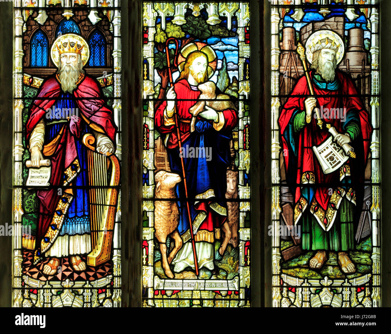 King David, Christ with lamb, King Solomon, stained glass window by A.L