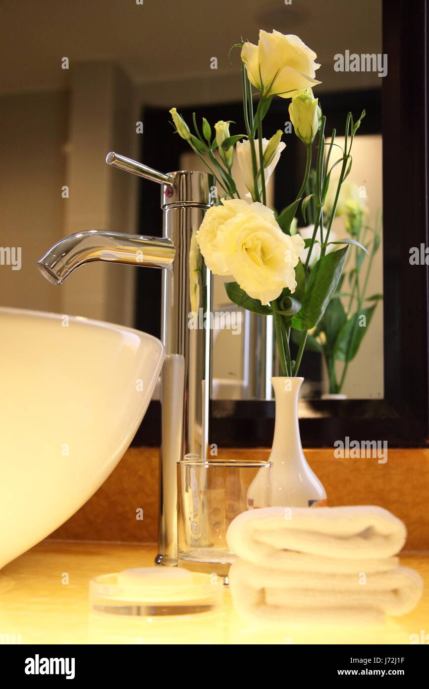 indoor photo hotel wellness wash basin tap hotel room bathroom indoor photo Stock Photo