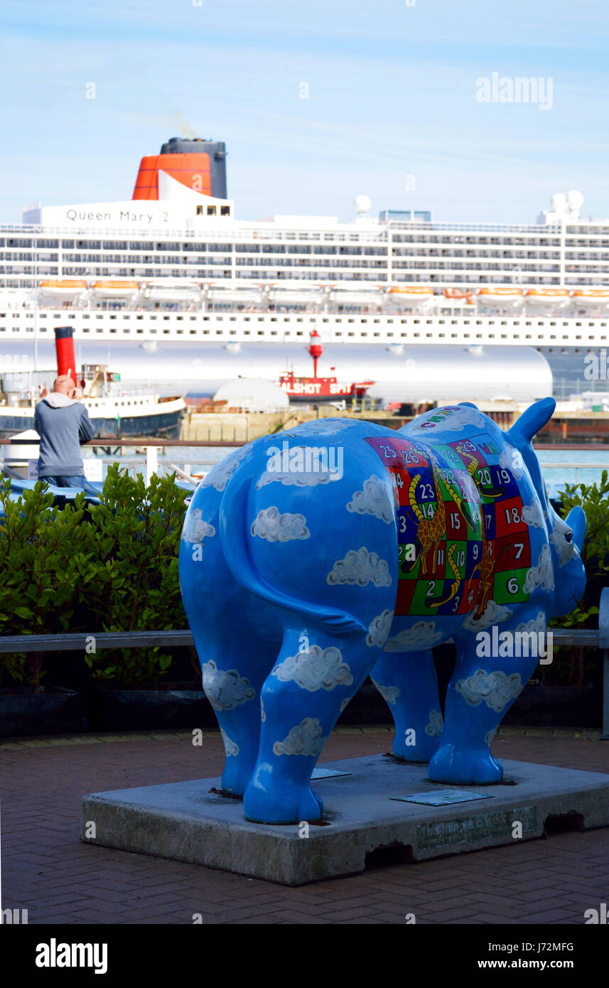 Colourful rhino sculpture which is part of an art display in Town Quay Southampton, UK Stock Photo