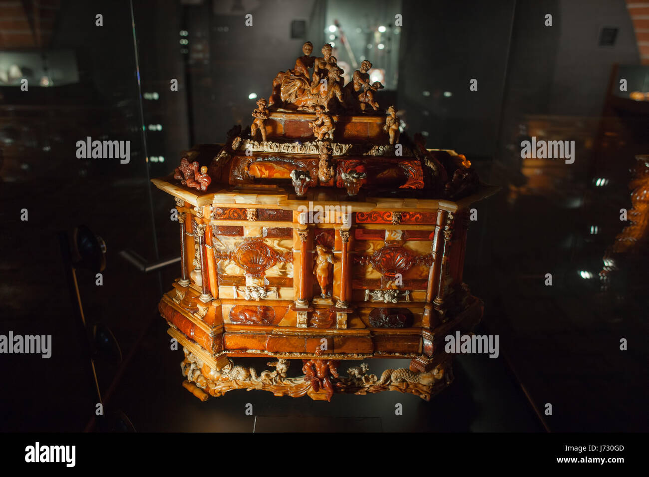 Amber casket masterpiece of Christopher Maucher, circa 1700, part of amber collection exhibition in Malbork Castle museum, Poland, Europe Stock Photo