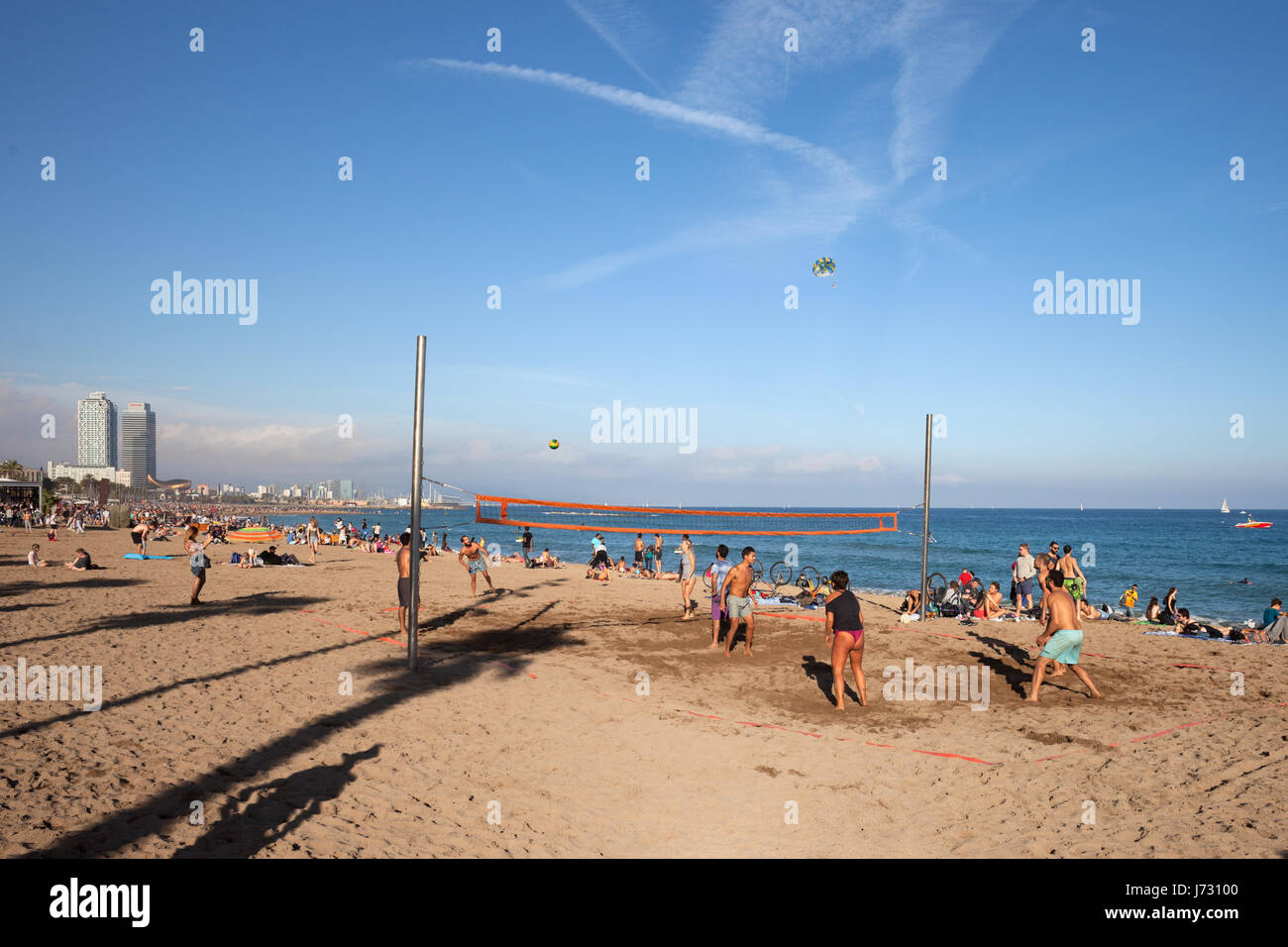 Beach volleyball in Barceloneta, Barcelona, Spain Stock Photo