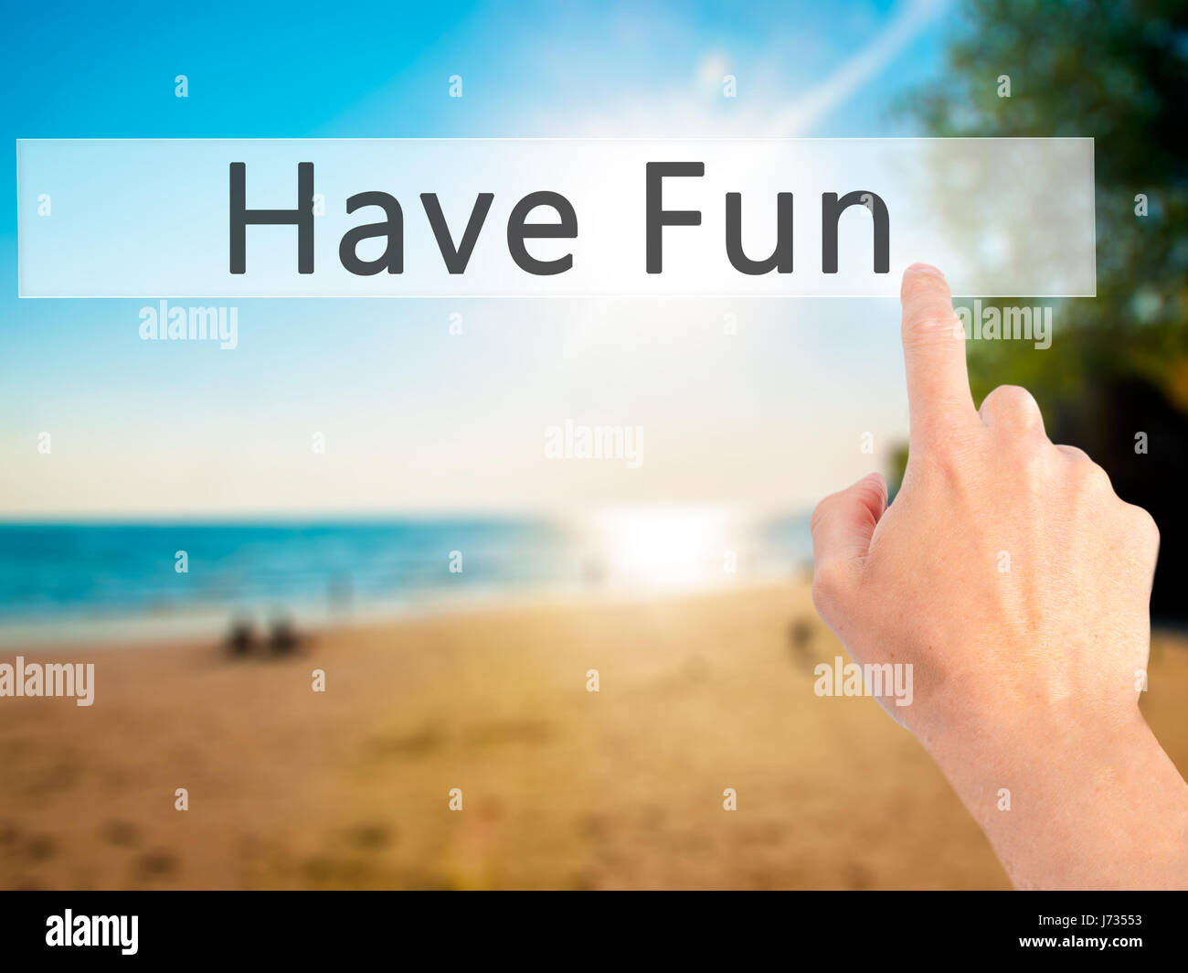 Have Fun - Hand pressing a button on blurred background concept ...