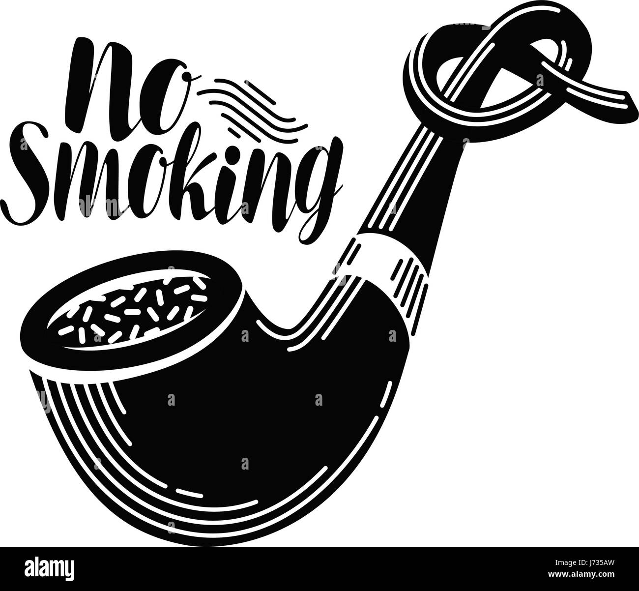 No smoking, healthy lifestyle label. Tobacco pipe tied in knot. Lettering, calligraphy vector illustration Stock Vector