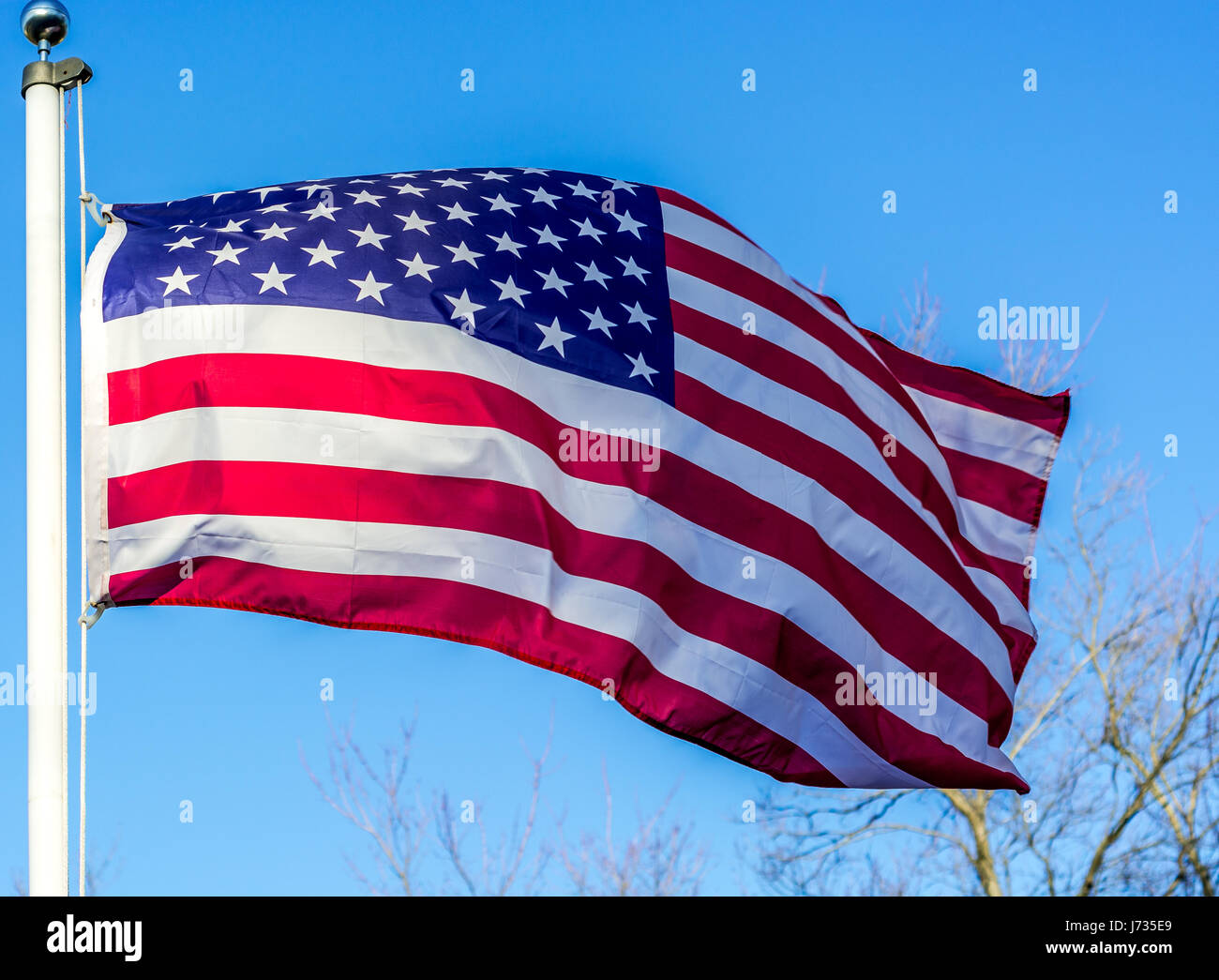 American flag with blue sky in winter Stock Photo