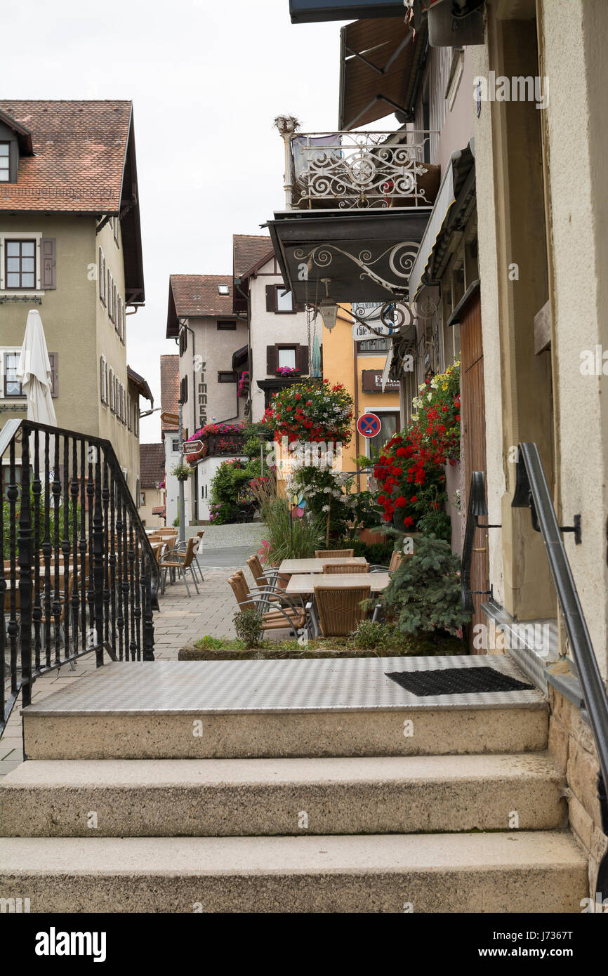 Restaurants on the sidewalk in Bavaria, Germany. Wonderful village. Stock Photo