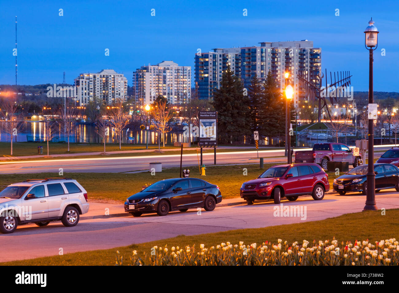 Apartment buildings along the waterfront at dusk. Barrie Ontario, Canada. Stock Photo