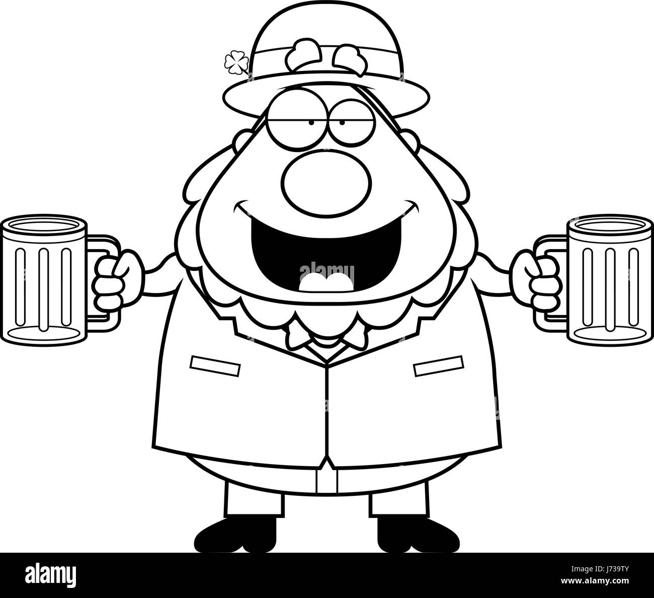 A happy cartoon leprechaun with two beers looking drunk. Stock Vector