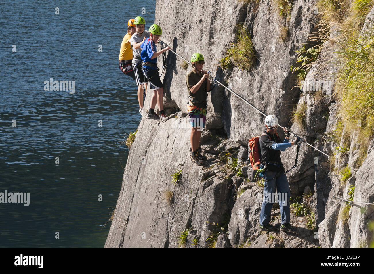 Austria, Salzkammergut, Lake Gosau See, via ferrata group, Salzkammergut Cultural Landscape, UNESCO World Heritage Site, Austrian Alps Stock Photo