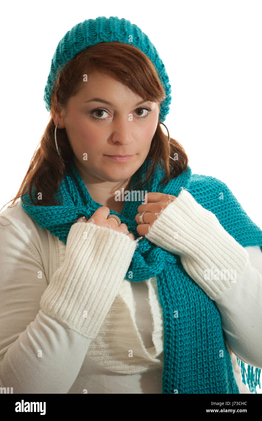 winter wool cap sweater scarf outfit warm clothes clothing woman hand hands Stock Photo