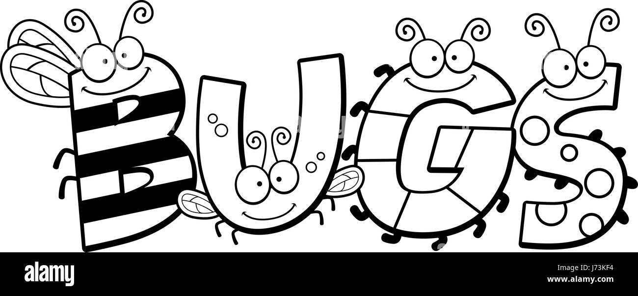 A cartoon illustration of the word bugs with an insect theme Stock