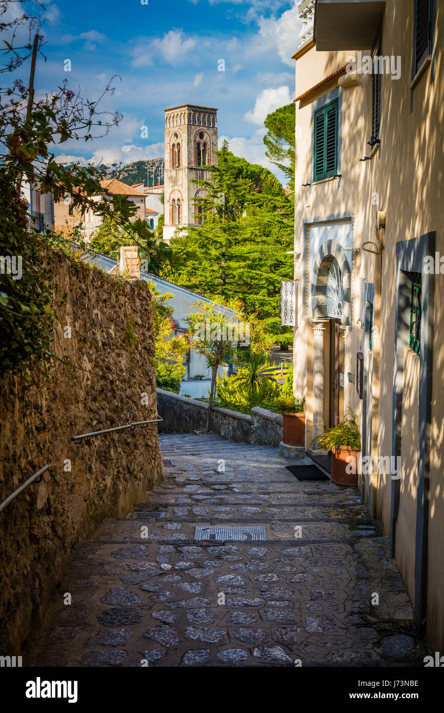 Ravello is a town and comune situated above the Amalfi Coast in the province of Salerno, Campania, southern Italy, with approximately 2,500 inhabitant Stock Photo