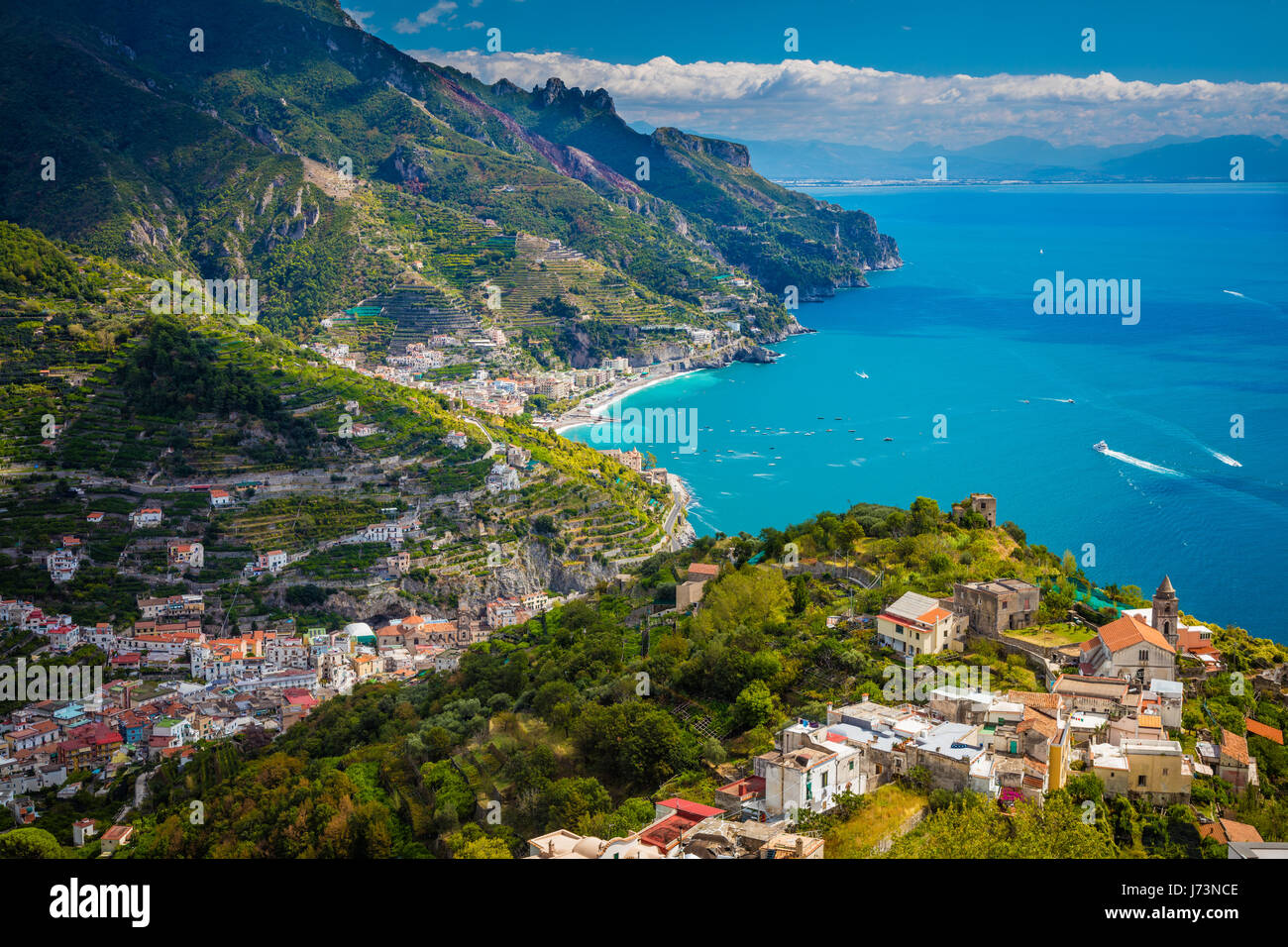 Ravello is a town and comune situated above the Amalfi Coast in the province of Salerno, Campania, southern Italy, with approximately 2,500 inhabitant Stock Photo