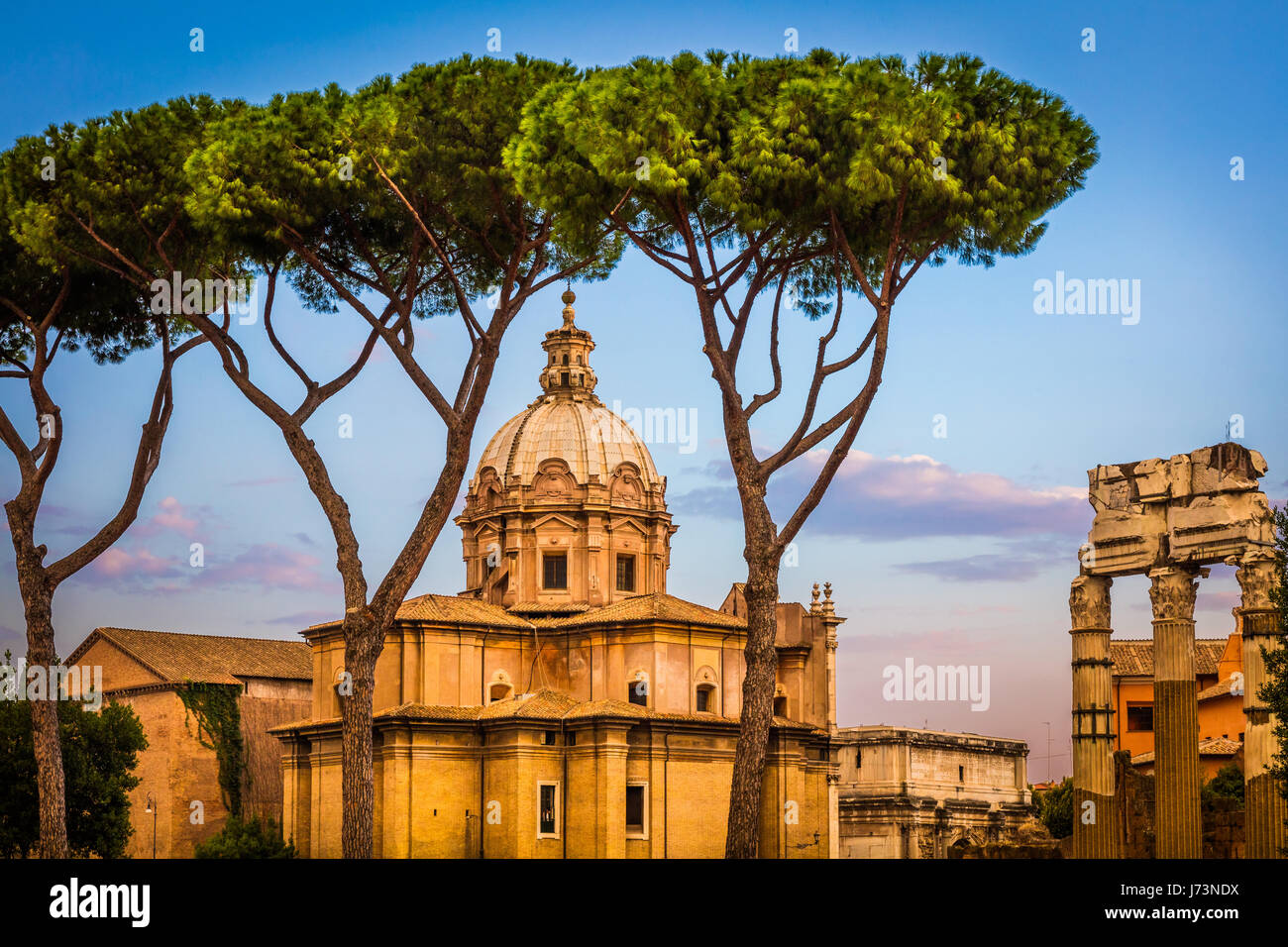 Santi Luca e Martina is a church in Rome, Italy, situated between the Roman Forum and the Forum of Caesar and close to the Arch of Septimus Severus. T Stock Photo