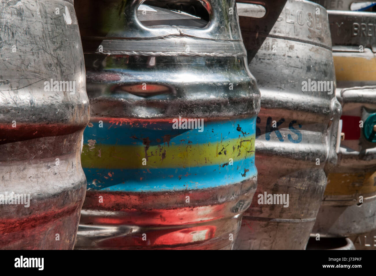 Beer kegs used to store drinks stacked up Stock Photo Alamy