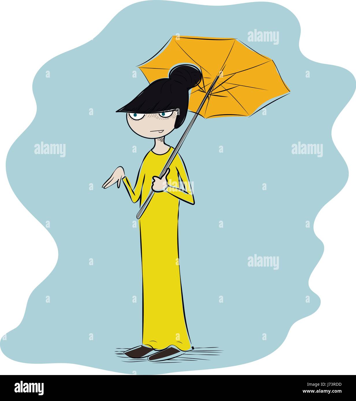 Vector colorful illustration of a japanese geisha, funny girl in maxi dress with umbrella Stock Vector