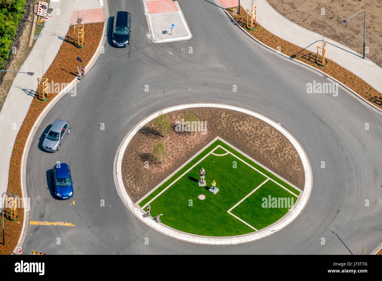 Hrubesch monument is located in the traffic island island in the Pelkumer roundabout, football legend Horst Hrubesch, Hamm, Ruhr area, North Rhine-Wes Stock Photo