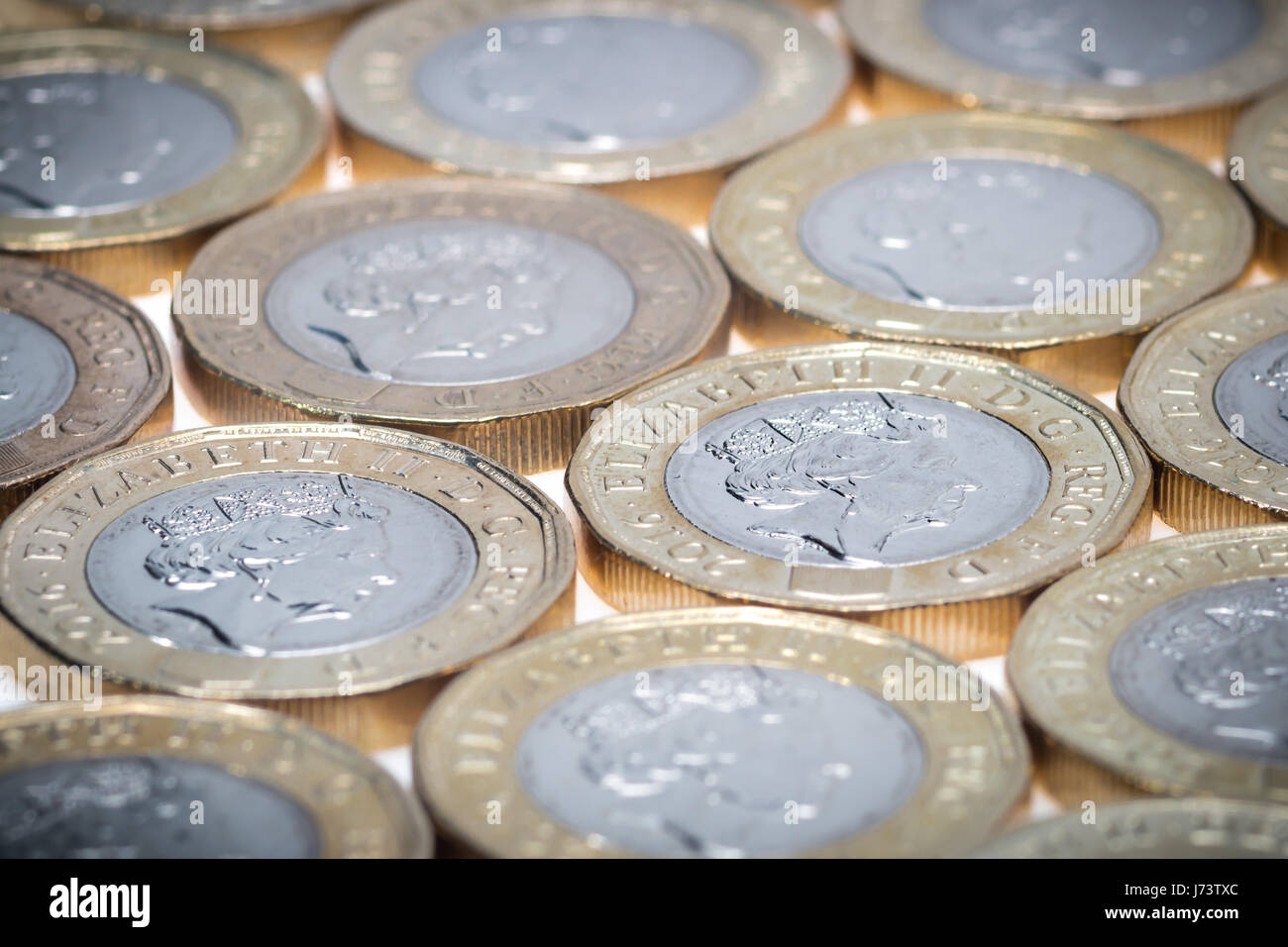 Rows of the new 2017 twelve sided pound coins. Stock Photo