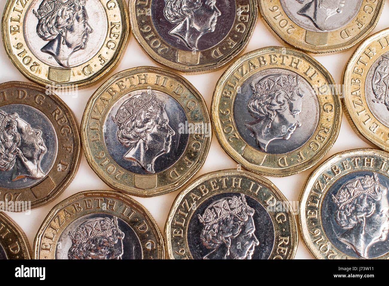 Top down view of the new 2017 twelve sided pound coins. Stock Photo