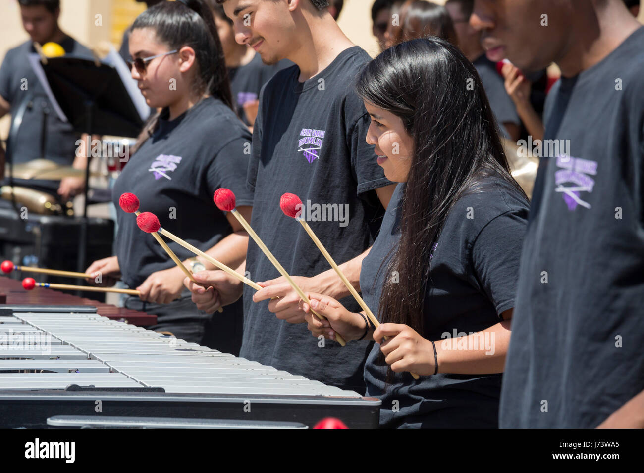 Phoenix, Arizona - The Cesar Chavez High School Percussion Ensemble performs at the Maricopa County Fair. Stock Photo